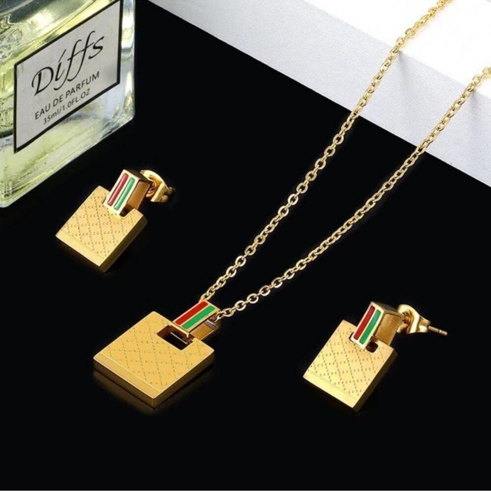 Gold Square Pendant Necklace & Earrings Jewelry Set